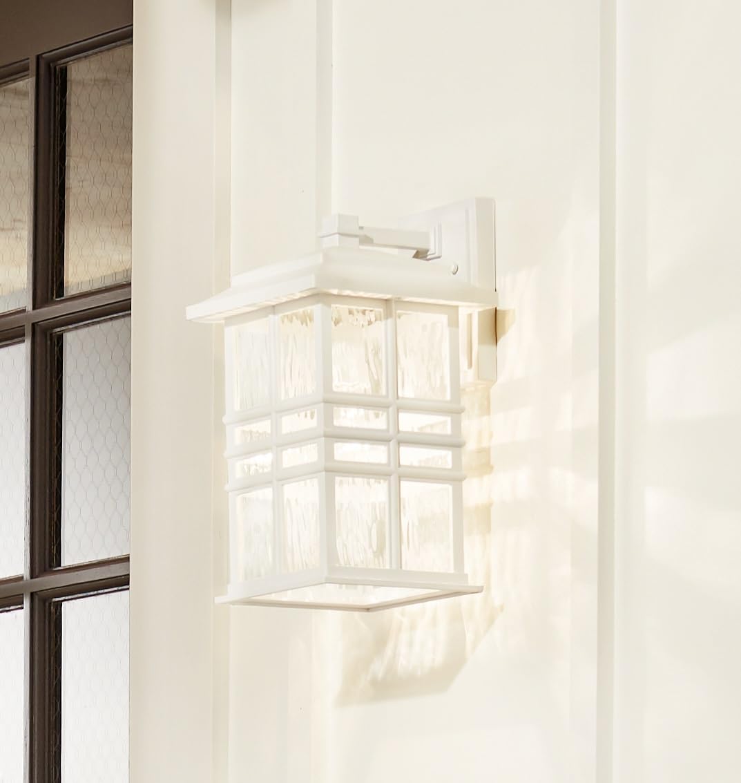 Kichler Beacon Square 14.25" Outdoor Wall Light in White, 1-Light Exterior Wall Sconce with with Clear Hammered Glass, (14.25" H x 8" W), 49830WH