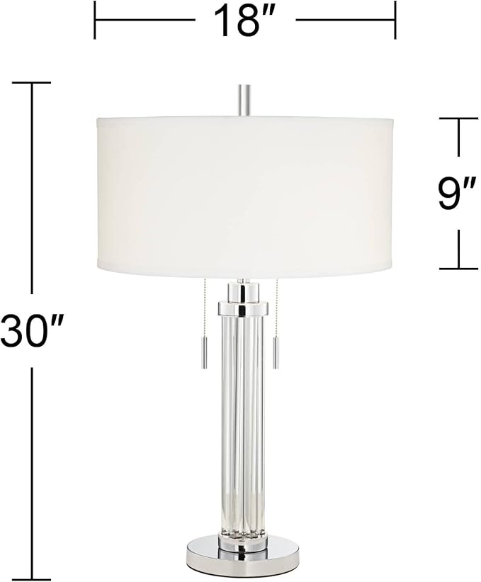 Possini Euro Design Cadence Modern Table Lamp 30" Tall with USB Dimmer Linear Clear Glass Rod White Linen Drum Shade for Bedroom Living Room House Bedside Nightstand Home Office Entryway Family