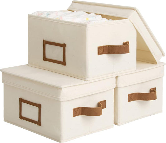 StorageWorks Storage Bins with Lids, Decorative Storage Boxes with Lid and PU Handles, Foldable Storage Baskets for Closet, Shelves, Stackable, Ivory, Medium, 3-Pack