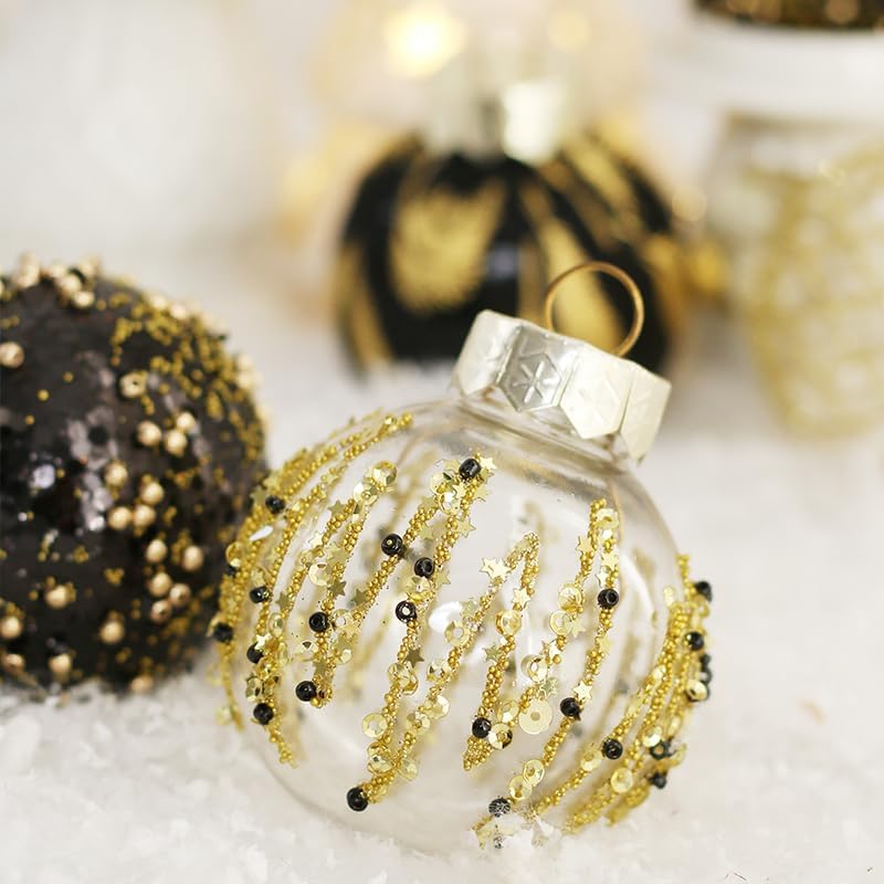 25PCS Christmas Ornaments Set, 2.36"/6CM Clear Plastic Shatterproof Christmas Ball Hanging Ornaments for Xmas Tree Decorations, for Indoor Home Party Holiday Decor - Black/Gold.