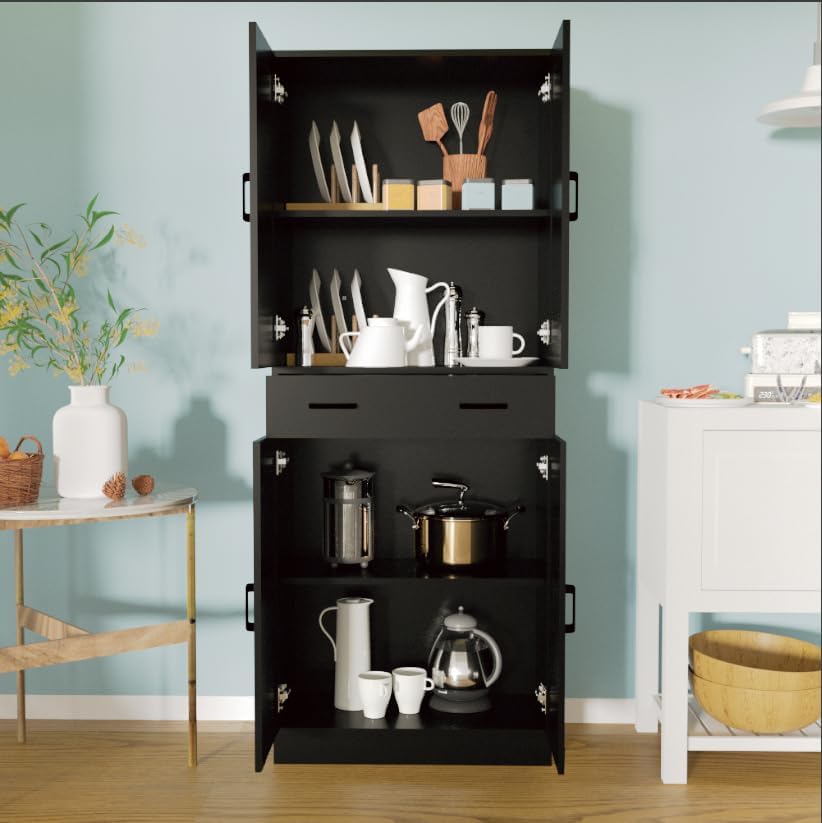 71" Tall Black & Rattan Pantry Cabinet - Boho Chic Kitchen Storage with Doors & Drawer for Dining Room, Hallway or Kitchen Organization