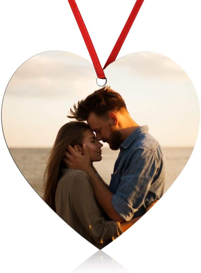 Gemszoo Personalized Picture Christmas Ornament, Custom Double Sided Photo Text Wooden Hanging Xmas Tree Keepsake Pendant Decoration Gift for Family (1, Heart)