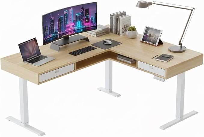 HUANUO Electric L Shaped Standing Desk, 63″ Height Adjustable Corner Standing Desk with 2 Under Desk Drawers & Open Storage Sapce, Stand Up Table with Power Strip Tray & Cable Grommets, Light Walnut