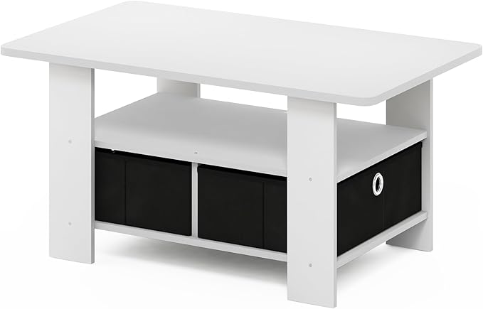 Furinno Andrey Coffee Table, Small Modern Coffee Table with Storage and Bin Drawer, Side Table for Living Room, Bedroom, Home Office, White