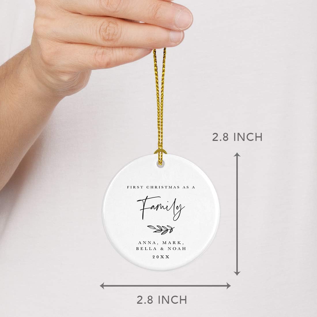 Andaz Press Personalized Round Ceramic Porcelain Christmas Tree Ornament Keepsake Collectible Gift, Our First Christmas as a Family, Anna, Mark, Olivia & Noah 2024, Antique Handdrawn, 1-Pack