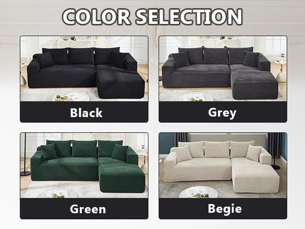 PELUMY 108.7" L-Shaped Modular Sectional Sofa with Oversized Chaise, Cloud Couch with Memory Foam, No Assembly Required Sleeper Sofa for Small Space Living Room, Apartment (Black, Corduroy)