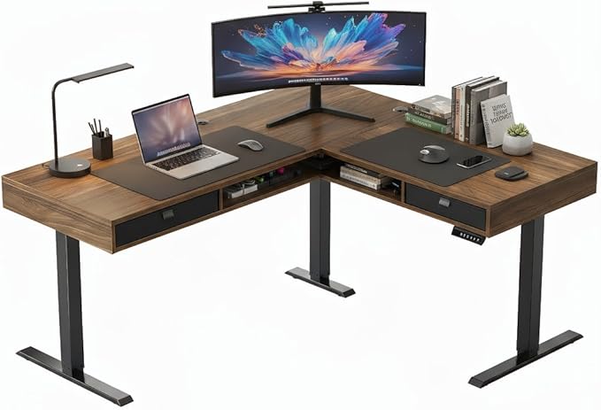 HUANUO Electric L Shaped Standing Desk, 63″x55″ Height Adjustable Corner Computer Desk with 2 Under Desk Drawers & Open Storage Sapce, Sit Stand Up Table with Power Strip Tray & Cable Grommets, Walnut