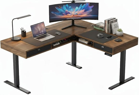 HUANUO Electric L Shaped Standing Desk, 63″x55″ Height Adjustable Corner Computer Desk with 2 Under Desk Drawers & Open Storage Sapce, Sit Stand Up Table with Power Strip Tray & Cable Grommets, Walnut