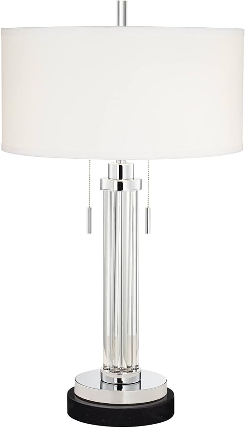 Possini Euro Design Cadence Modern Table Lamp 30" Tall with Round Black Marble Riser Linear Glass Rod White Linen Drum Shade for Bedroom Living Room Nightstand Bedside Night Stand Office Kids Room