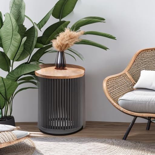 SIMPLIHOME Demy Metal and Wood Accent Table - 18 inch Wide Solid Metal Round End Table in Natural and Black, Industrial Side Table or Coffee Table for Living Room with Compact Design, Assembled
