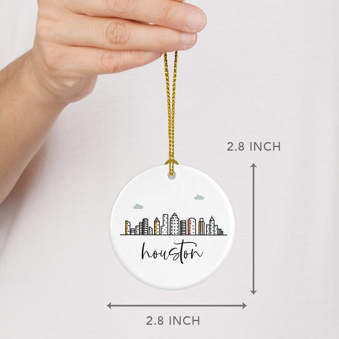 Andaz Press Round Ceramic Porcelain Christmas Tree Ornament Keepsake, Houston Colorful City Skyline Graphic, 1-Pack, Birthday Gift Ideas Family Coworker Him Her, Includes Gift Box