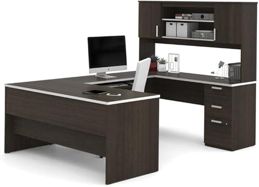 Pemberly Row U Shaped Modern Executive Computer Desk with Pedestal and Hutch in Brown Chocolate