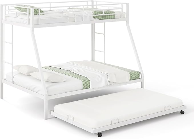 Giantex Twin Over Full Bunk Bed with Trundle, Heavy-Duty Metal Triple Bunk Beds w/Two Side Ladders & Safety Guard Rail, 3 in 1 Bunk Beds for Kids Teens, No Box Spring Needed,White