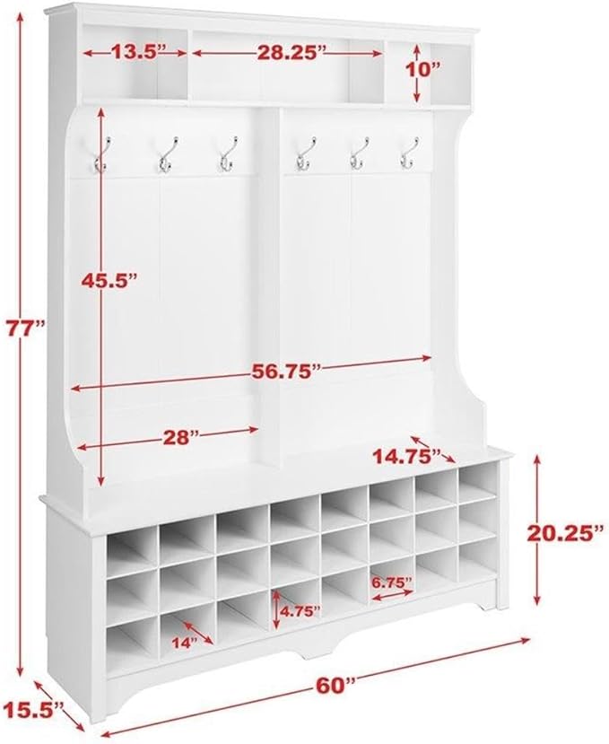 Prepac White Hall Tree, Shoe Cabinet, Storage Cabinet with 24 Shoe Cubbies and 6 Double Coat Hooks 15.5" D x 60" W x 77" H