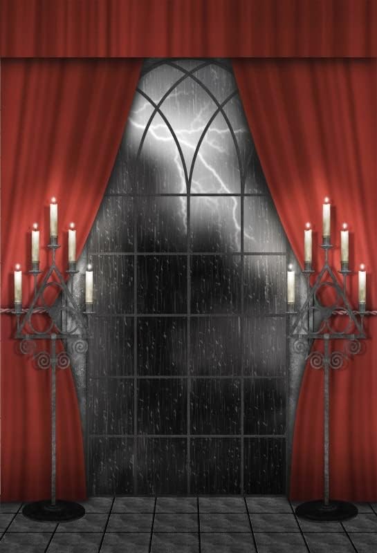 Renaiss 6x9ft Vintage Gothic Window Backdrop Red Curtain Candlestick Black Floor Lightning Stormy Sky Vampire Medieval Castle Photography Background Halloween Dress Up Party Decors Photo Booth Props