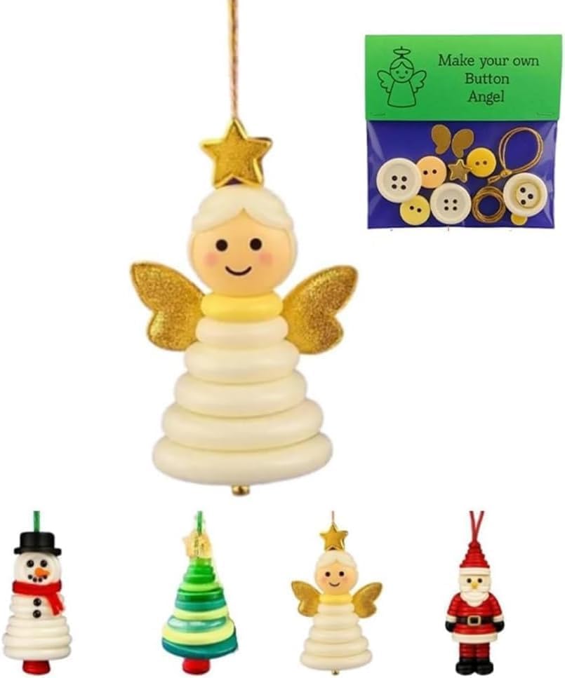 4pcs Button Christmas Tree Ornament Kits, Fun Holiday Decorations for All Ages, DIY Craft Buttons Kit with Christmas Snowman/Santa/Angel, Gifts for Xmas Tree Hanging Decorations (Angel)