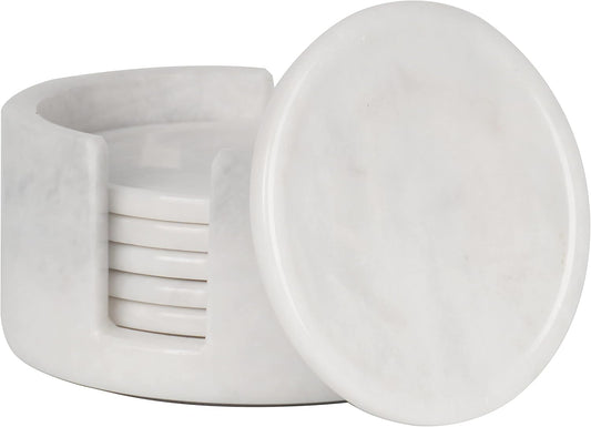 Marble Coasters Set of 6 White 3.5 Inch Round Coaster for Drinks with Holder, Drink Coaster for Tabletop & Coffee Table Decor, Ideal Home Decor House Warming Gifts