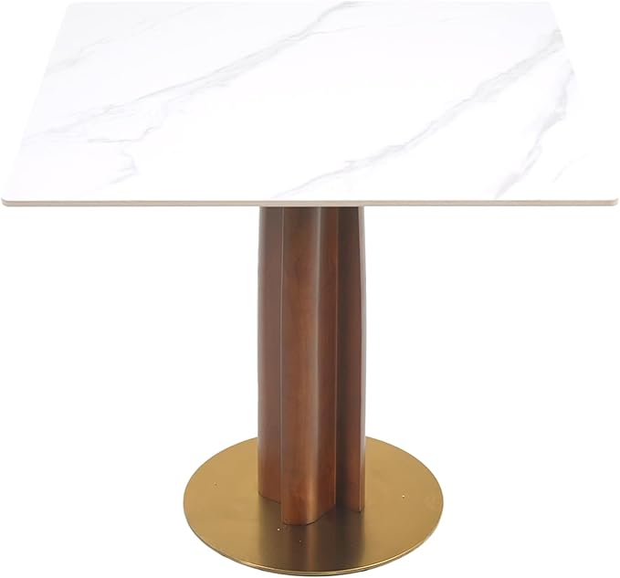 Sintered Stone Square Office Table - Meeting Desk for Small Offices (Walnut‌ Leg and White Top, 1 Table Only)