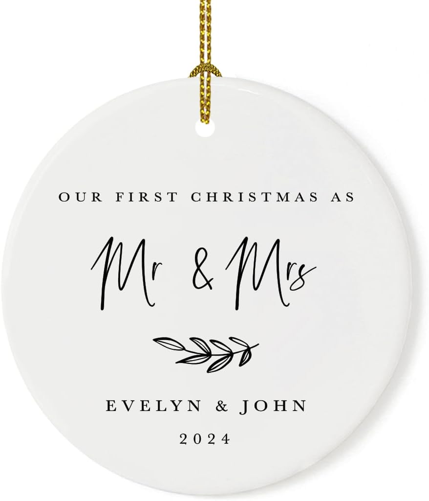 Andaz Press Personalized Wedding Round Ceramic Porcelain Christmas Tree Ornament Engagement Keepsake Collectible Gift Our First Christmas as Mr. & Mrs, Evelyn & John 2024, Antique Handdrawn, 1-Pack