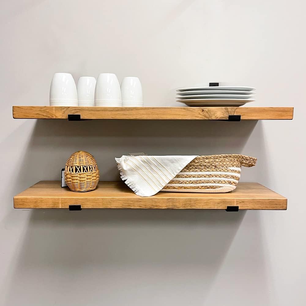 Rustic Shelves with J-Brackets Set of 2, Industrial Shelf, Kitchen Shelves, Solid Wood, Decorative Wall Storage, Heavy Duty, URBANDI (Brown, 12Wx12D)