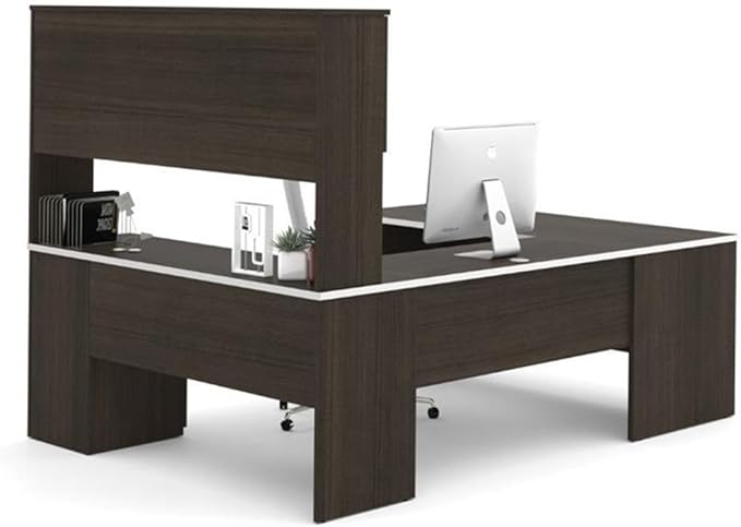 Pemberly Row U Shaped Modern Executive Computer Desk with Pedestal and Hutch in Brown Chocolate