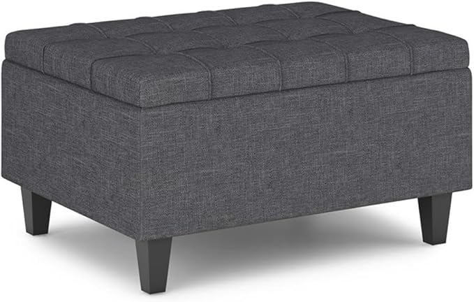 SIMPLIHOME Harrison 34 inch Wide Transitional Rectangle Small Coffee Table Storage Ottoman in Slate Grey Linen Look Fabric, Assembled, for the Living Room and Bedroom