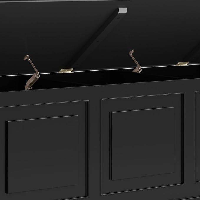 SIMPLIHOME Connaught Storage Bench - 51 inch Wide Solid Wood Trunk Bench in Black, Traditional Bench for Entryway with Lift-Up Lid and 3 Hidden Compartments