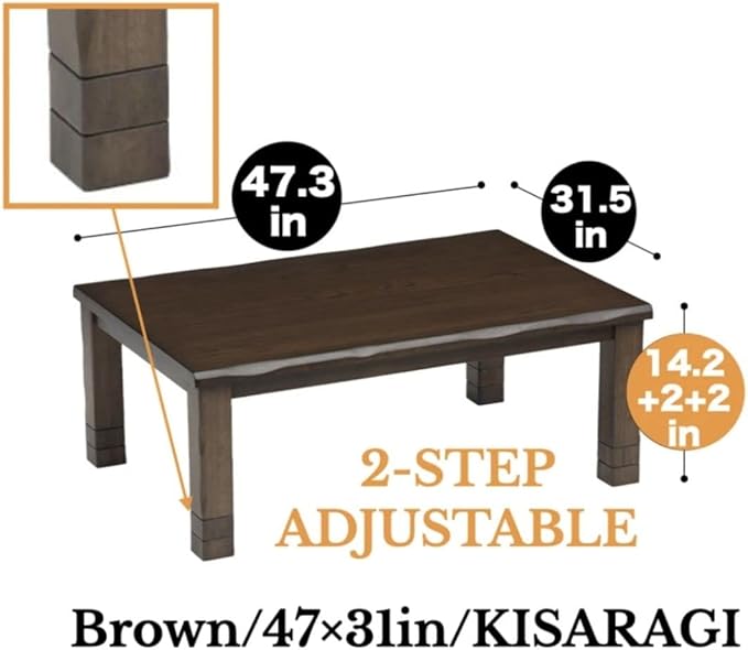 BJDesign Kotatsu - Japanese Heated Table - Wooden Chabudai Furniture with 120V Electric Heater - Low-Lying Dining and Work Desk with Temperature Control Knob (47x31in, Brown)