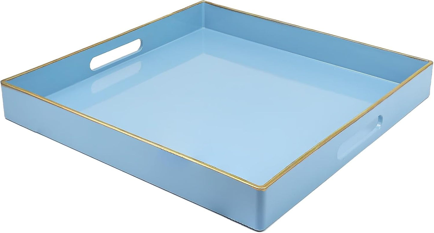 Spsyrine Light Blue Decorative Tray for Living Room, Square Modern Plastic Coffee Serving Table Tray for Ottoman Bathroom Kitchen, 13"*13".