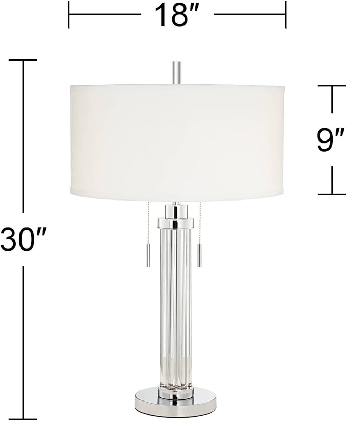 Possini Euro Design Cadence Modern Art Deco Style Column Table Lamp 30" Tall Chrome Silver Linear Clear Glass Rod White Drum Shade Decor for Living Room Bedroom House Bedside Nightstand Home Office