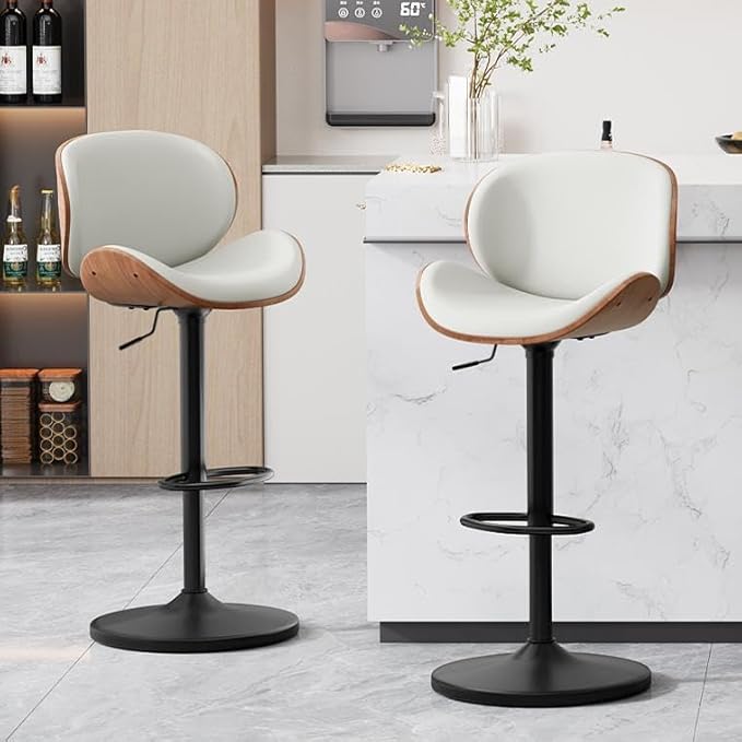 Furniliving Bar Stools Set of 4, Adjustable Height Swivel Bentwood Barstools, Upholstered Bar Chairs with Footrest, Ergonomic Modern Bar Stools for Dining Room, Kitchen, Bar, White, PU