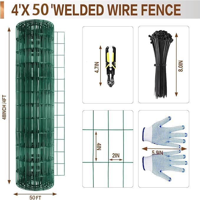 Tongmo 4 ft x 50 ft Green PVC Coated Welded Wire Fence, 16GA Garden Chicken Wire Fence Roll, Mesh Size 2" x 4" Hardware Cloth, Ideal for Yard Protection and Poultry Netting