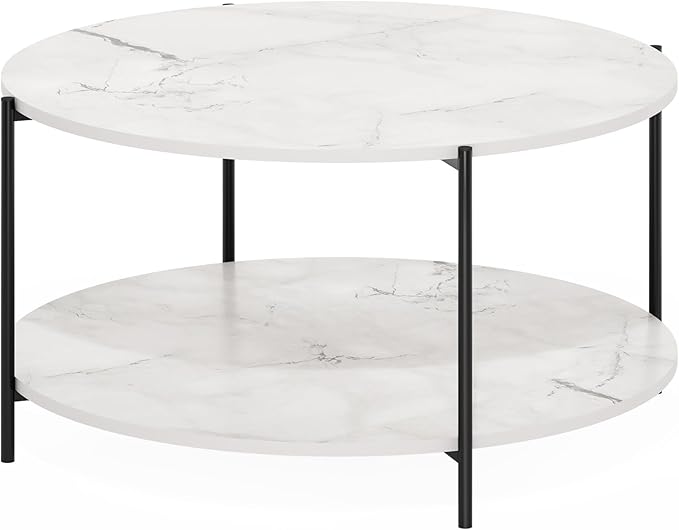 Furinno BESI Coffee Table, 2-Tier Round Modern Coffee Table with Metal Legs, Metal Frame Side Table with Open Shelf, for Living Room, Bedroom, Home Office, Marble White