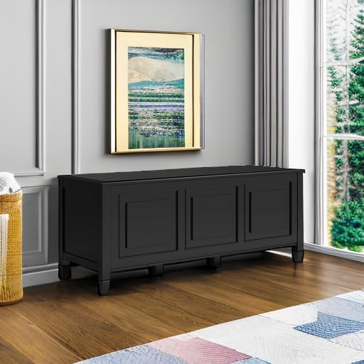SIMPLIHOME Connaught Storage Bench - 51 inch Wide Solid Wood Trunk Bench in Black, Traditional Bench for Entryway with Lift-Up Lid and 3 Hidden Compartments