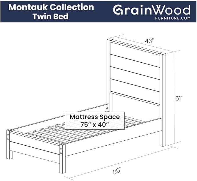 Grain Wood Furniture Montauk Solid Wood Bed, Twin Size, Rustic Grey