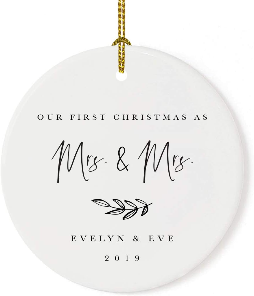 Andaz Press Personalized Lesbian Couple Wedding Round Ceramic Porcelain Christmas Engagement Keepsake Collectible Gift, Our First Christmas as Mrs. & Mrs, Helen & Eve 2025, Antique Handdrawn, 1-Pack