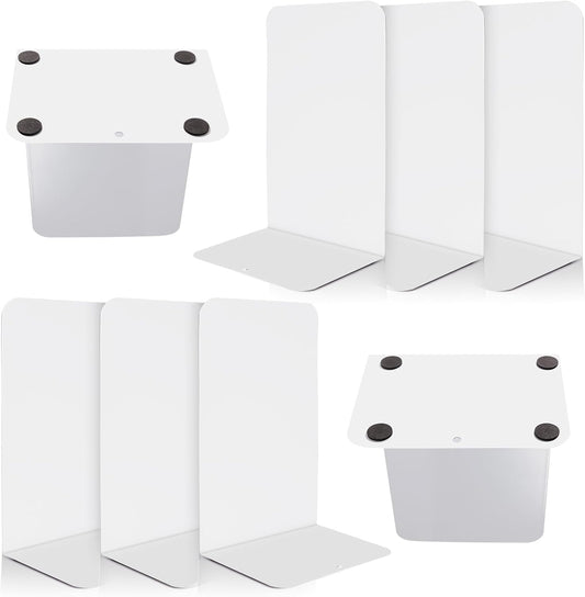 VONDERSO Metal Bookends, 4 Pairs White Metal Book Ends Heavy Duty for Shelves Decor Home Office, Unique White Bookends Supports Anti-Slip for Kids