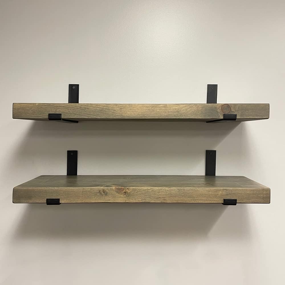 Rustic Shelves with J-Brackets Set of 2, Industrial Shelf, Kitchen Shelves, Solid Wood, Decorative Wall Storage, Heavy Duty, URBANDI (Grey, 24Wx10D)