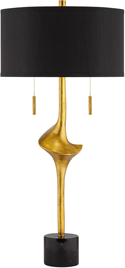 Possini Euro Design Athena 35 1/2" Tall Large Modern Glam End Table Lamps Set of 2 Pull Chain Sculptural Gold Leaf Living Room Bedroom Bedside Nightstand House Office Home Reading Kitchen Entryway