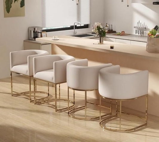 Contemporary Cream Linen Bar Stools Set of 4, 24" Upholstered Fabric Counter Height Barstools Kitchen Counter Island Stools with Golden Metal Base