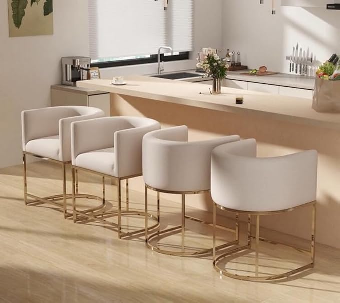 Contemporary Cream Linen Bar Stool, 24" Upholstered Fabric Counter Height Barstool Kitchen Counter Island Stool with Golden Metal Base, Cream