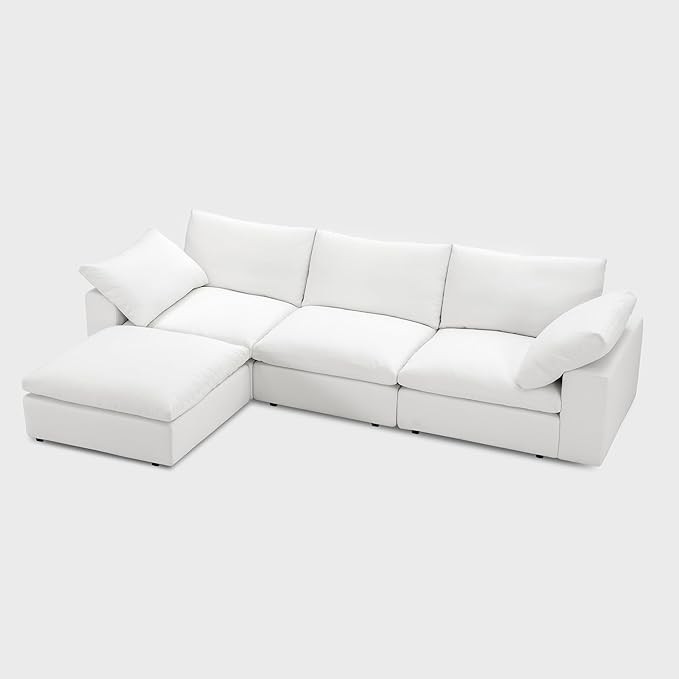 Modular Cloud Sofa, 110.2" Cloud Sectional Couches with Deep Seat, L-Shape 3-Seat Couch with Ottoman for Living Room, Modern Comfy Couch with Washable Cover, Wide Armrest (White,1 Ottoman)