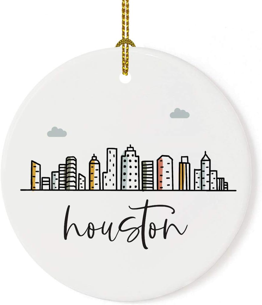 Andaz Press Round Ceramic Porcelain Christmas Tree Ornament Keepsake, Houston Colorful City Skyline Graphic, 1-Pack, Birthday Gift Ideas Family Coworker Him Her, Includes Gift Box