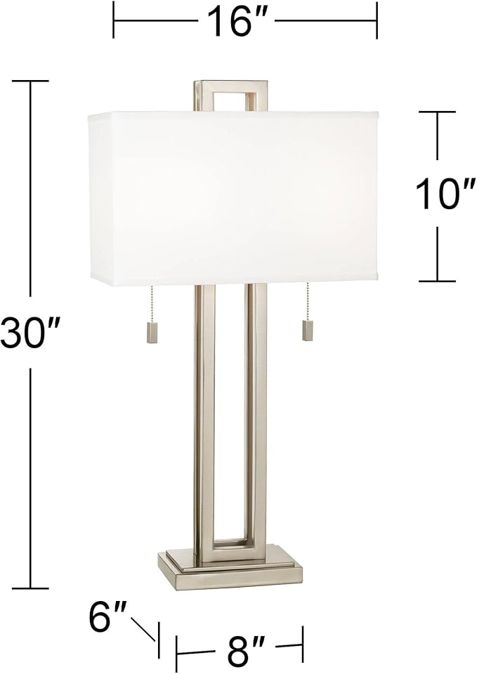 Possini Euro Design Gossard 30" Tall Rectangle Large Modern End Table Lamps Set of 2 Pull Chain Silver Brushed Nickel Finish Metal White Shade Living Room Bedroom Bedside Nightstand House Office