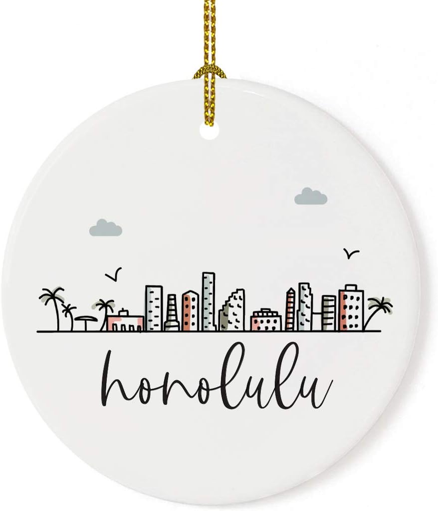 Andaz Press Round Ceramic Porcelain Christmas Tree Ornament Keepsake, Honolulu City Skyline Graphic, 1-Pack, Birthday Gift Idea for Family, Coworker, Him, Her, Includes Gift Box