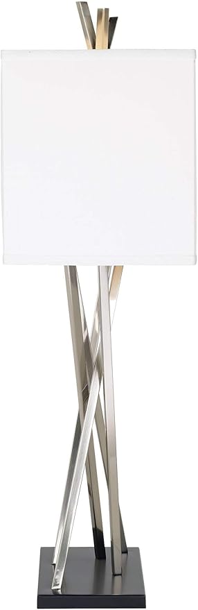 Possini Euro Design Modern Table Lamp 30" Tall Brushed Nickel Silver Open Asymmetry Metal White Linen Rectangular Box Shade for Bedroom Living Room House Home Bedside Nightstand Office Kids Family