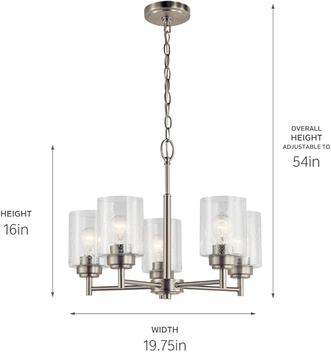 Kichler Winslow 19.75" Chandelier in Brushed Nickel, 5-Light Chandelier for Dining Room, Living Room, or Bedroom, Clear Seeded Glass, (19.75" W x 16" H), 44030NI
