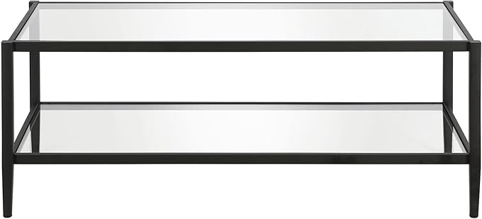 Henn&Hart 45" Wide Rectangular Coffee Table with Glass Shelf in Blackened Bronze, Modern coffee tables for living room, studio apartment essentials
