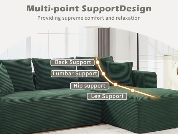 PELUMY 108.7" L-Shaped Modular Sectional Sofa with Oversized Chaise, Cloud Couch with Memory Foam, No Assembly Required Sleeper Sofa for Small Space Living Room, Apartment (Green, Corduroy)