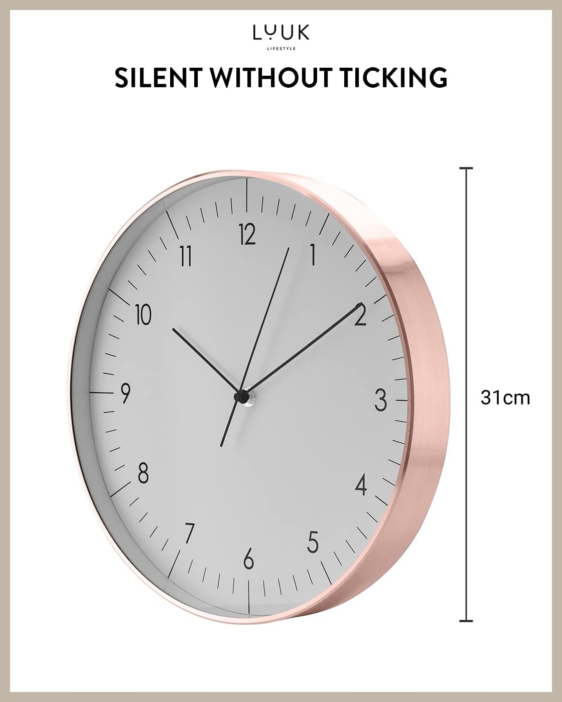 LUUK LIFESTYLE Timeless Wall Clock with Silent Movement and no Ticking, Elegant Design, for Children's Room, Living Room, Bathroom, 12”, White and Rosegold